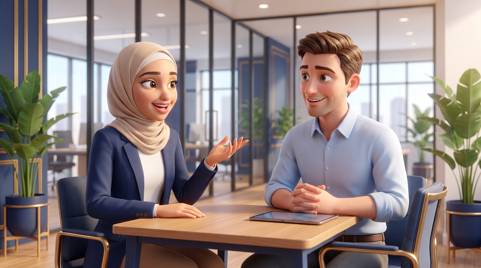 خريجة شابة بتتكلم انجليزي بثقة في إنترفيو شغل بعد كورس التأسيس