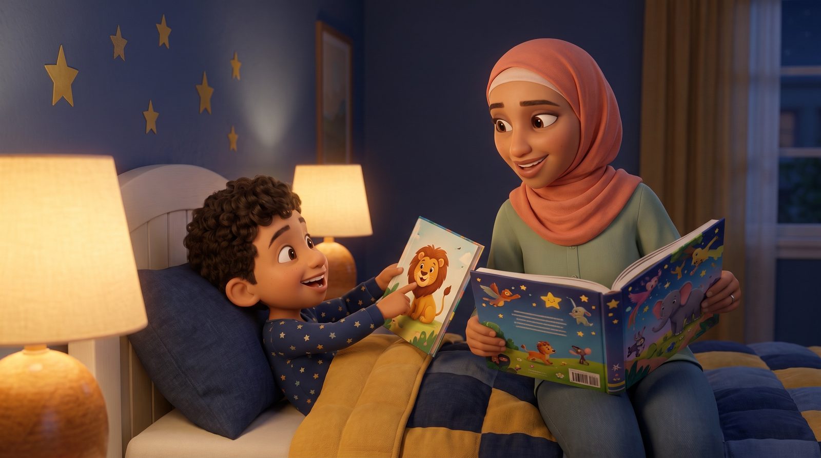 أم بتقرأ قصة انجليزي لطفلها قبل النوم