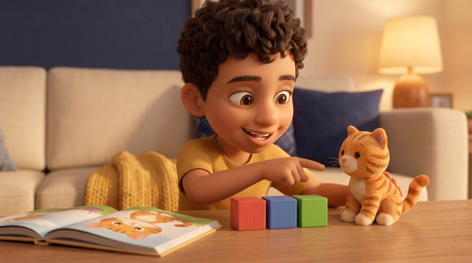طفل بيتعلم أصوات الحروف بالـ Phonics باستخدام مكعبات خشب وقصة مصورة