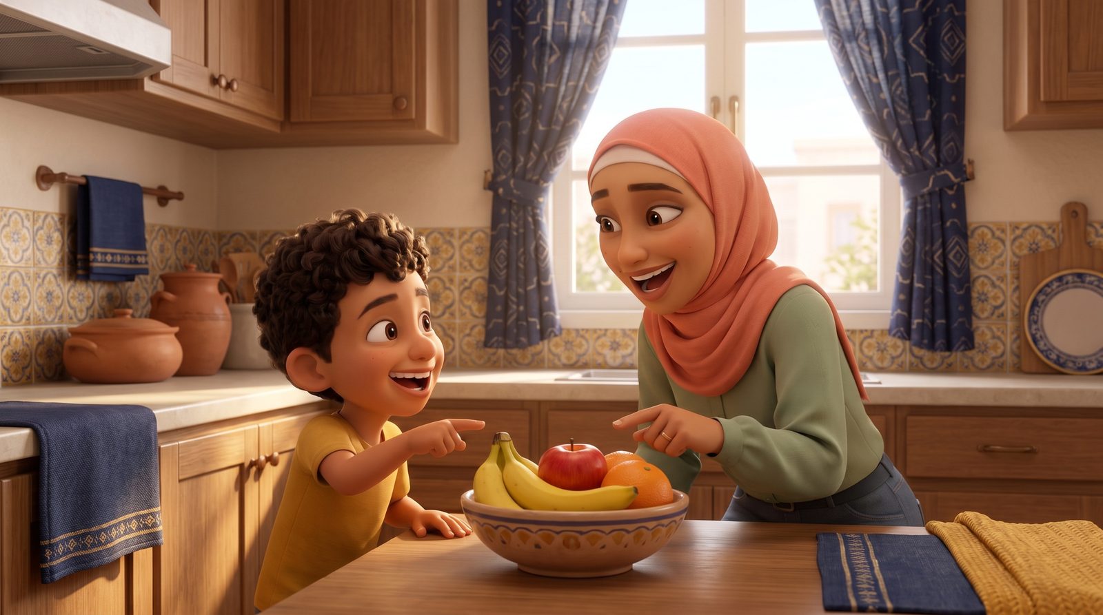 أم وطفلها بيلعبوا لعبة أصوات الحروف بالإنجليزي في المطبخ